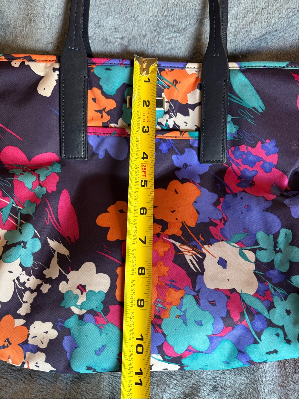 TUMI Nylon Floral Print Women's Tote Bag. Zip Top Blue Leather Double Handles. - Picture 11 of 13